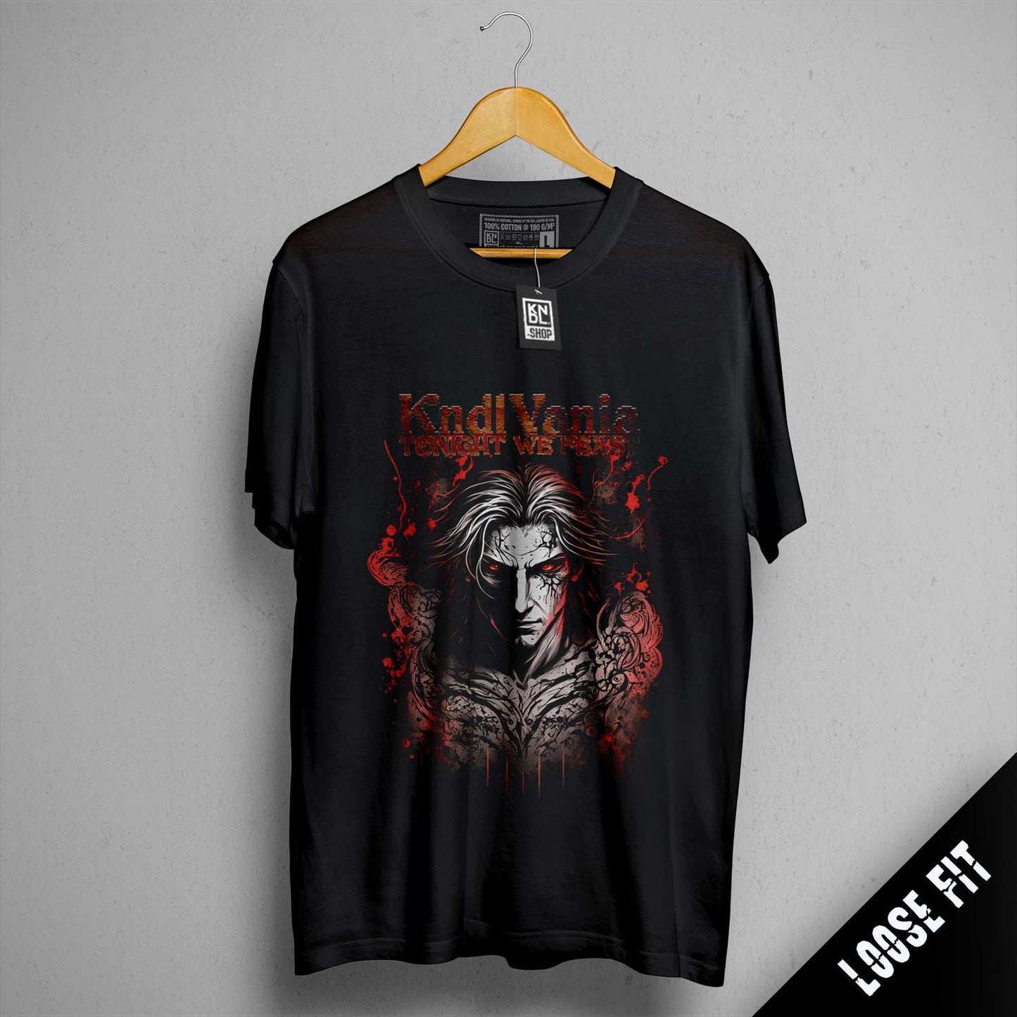a black t - shirt with a picture of a man with long hair
