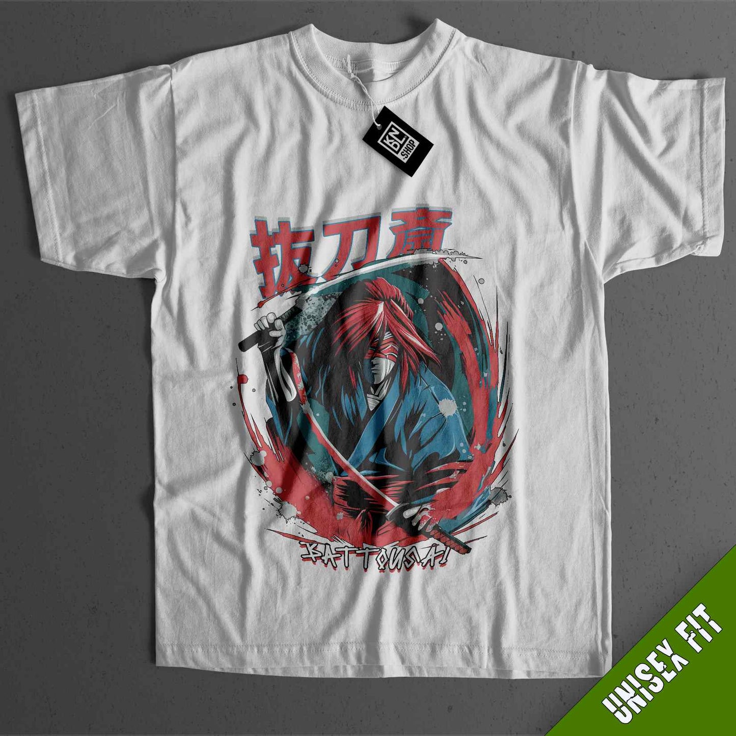 a white t - shirt with a picture of a man holding a sword