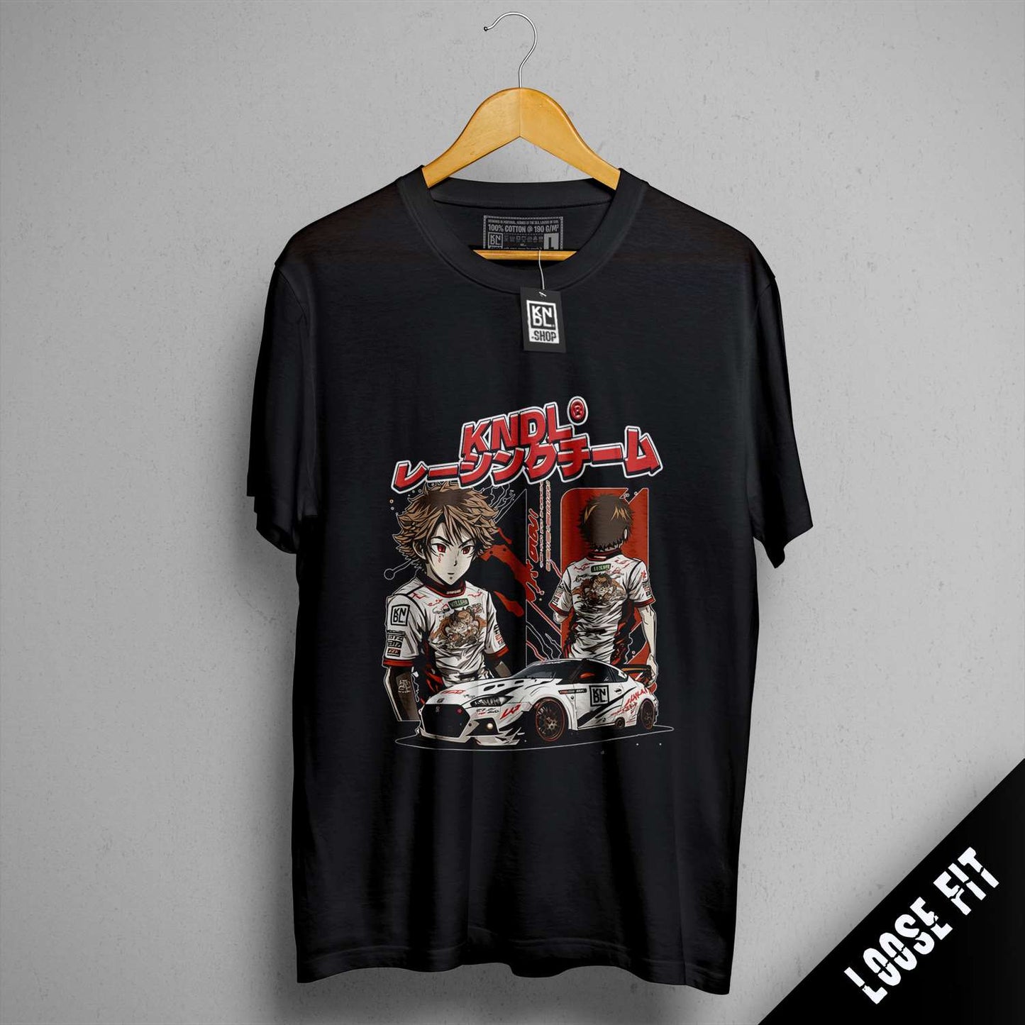a t - shirt with a picture of two people on a car