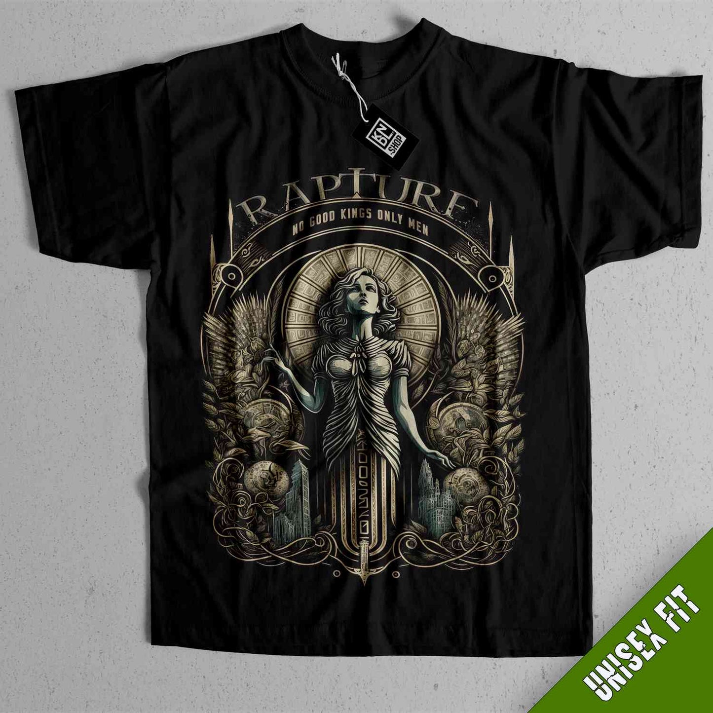 a black t - shirt with an image of a woman holding a cross