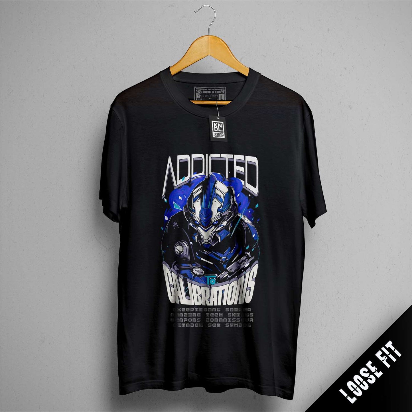 a black t - shirt with an image of a robot on it