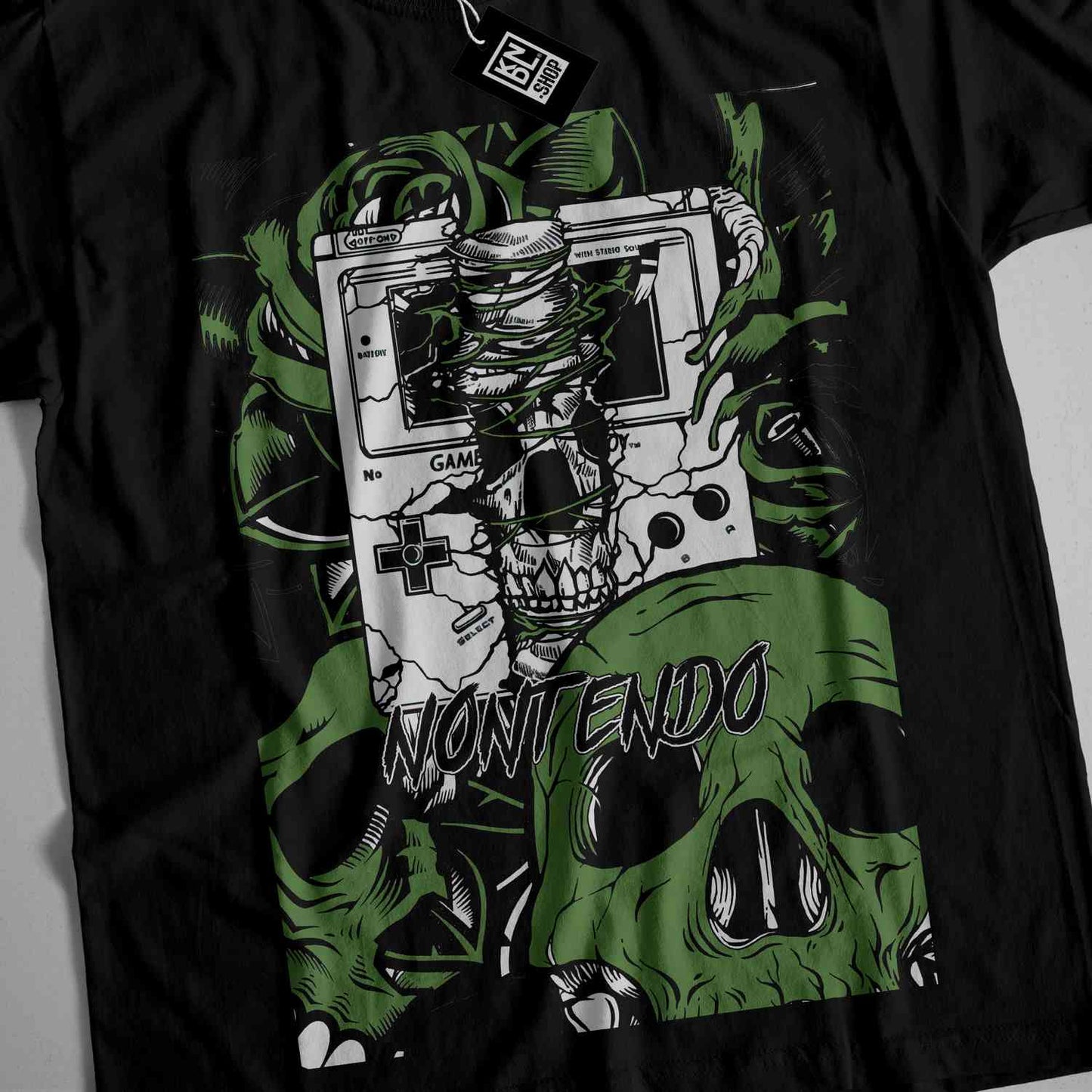 a t - shirt with a skull and a video game controller on it