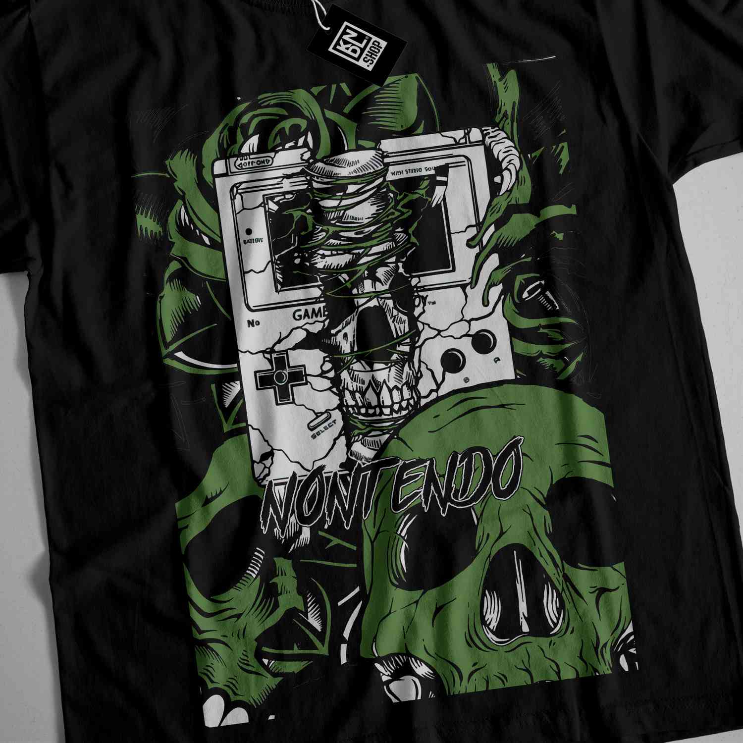 a t - shirt with a skull and a video game controller on it