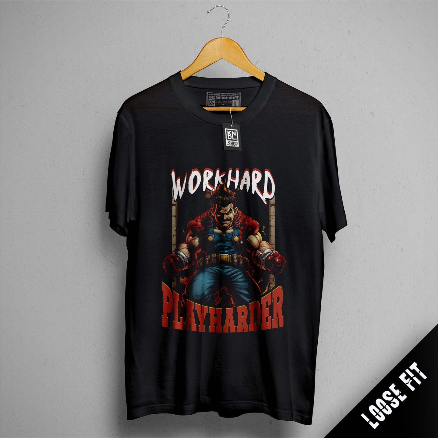 a black shirt with a picture of a man holding a hammer