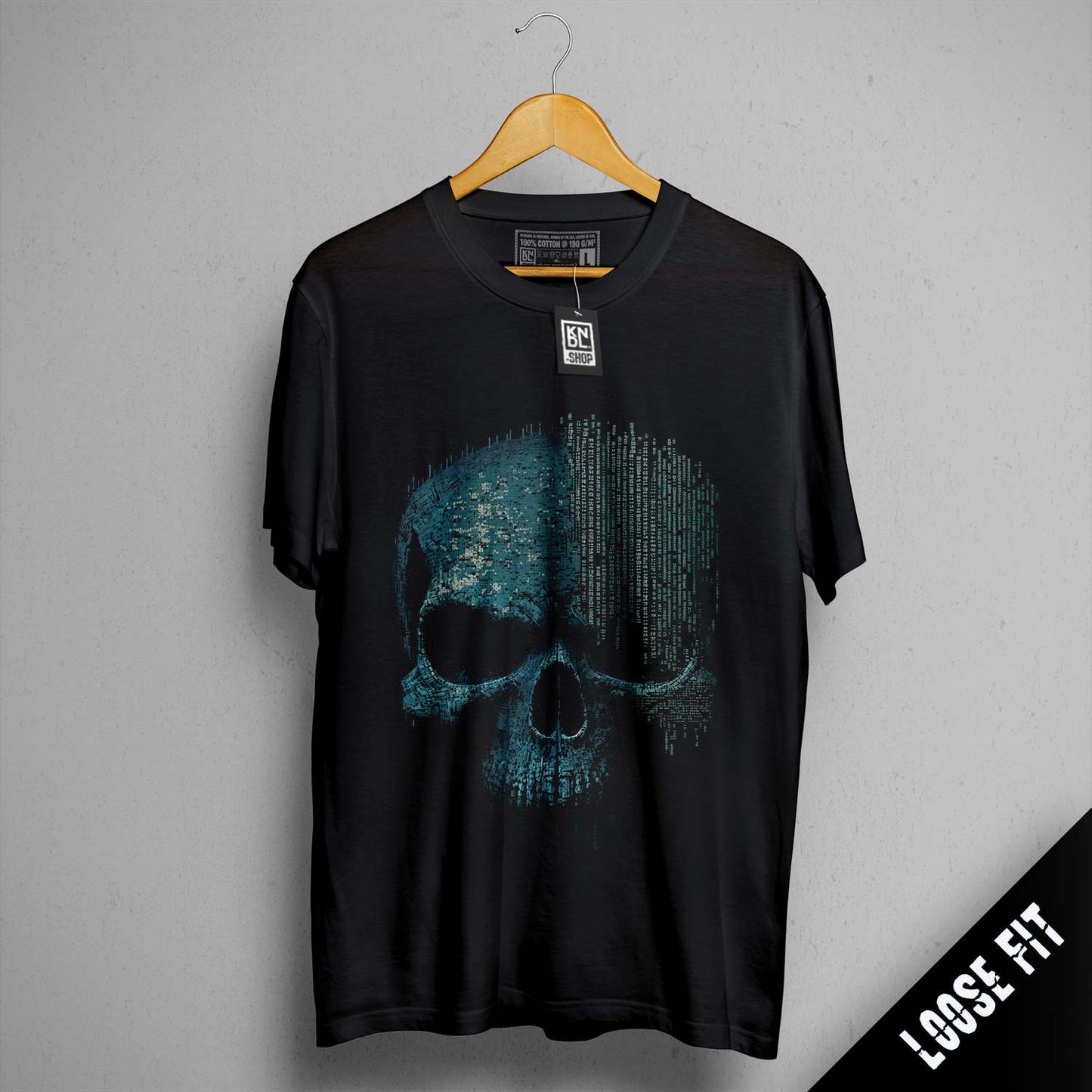 a black t - shirt with a blue skull on it
