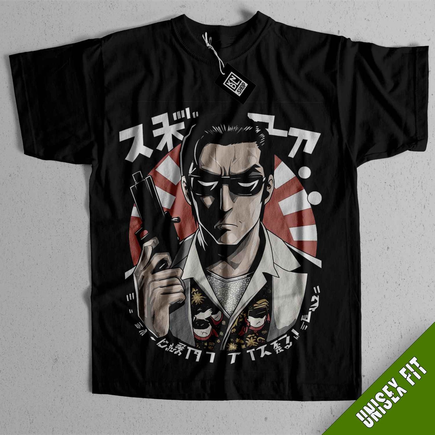 a black shirt with a picture of a man holding a gun