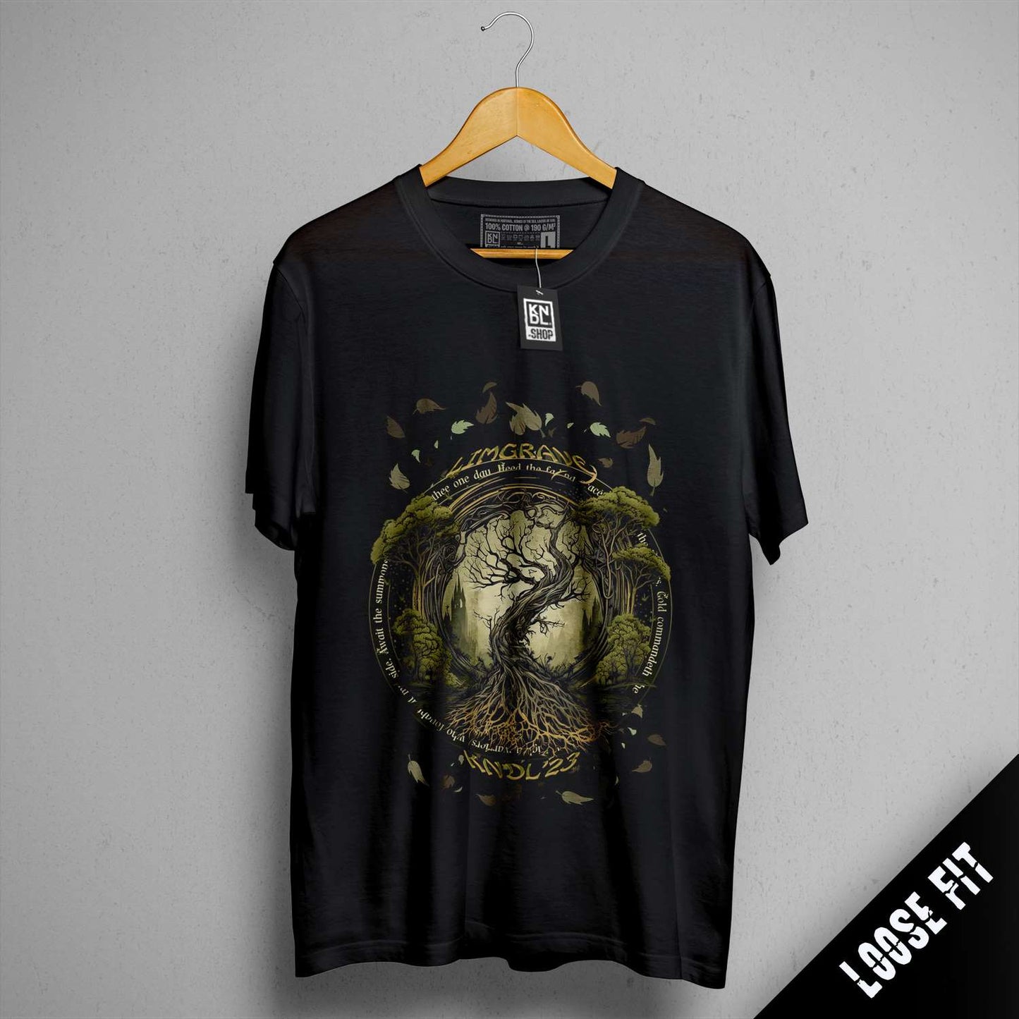 a black t - shirt with a picture of a tree on it