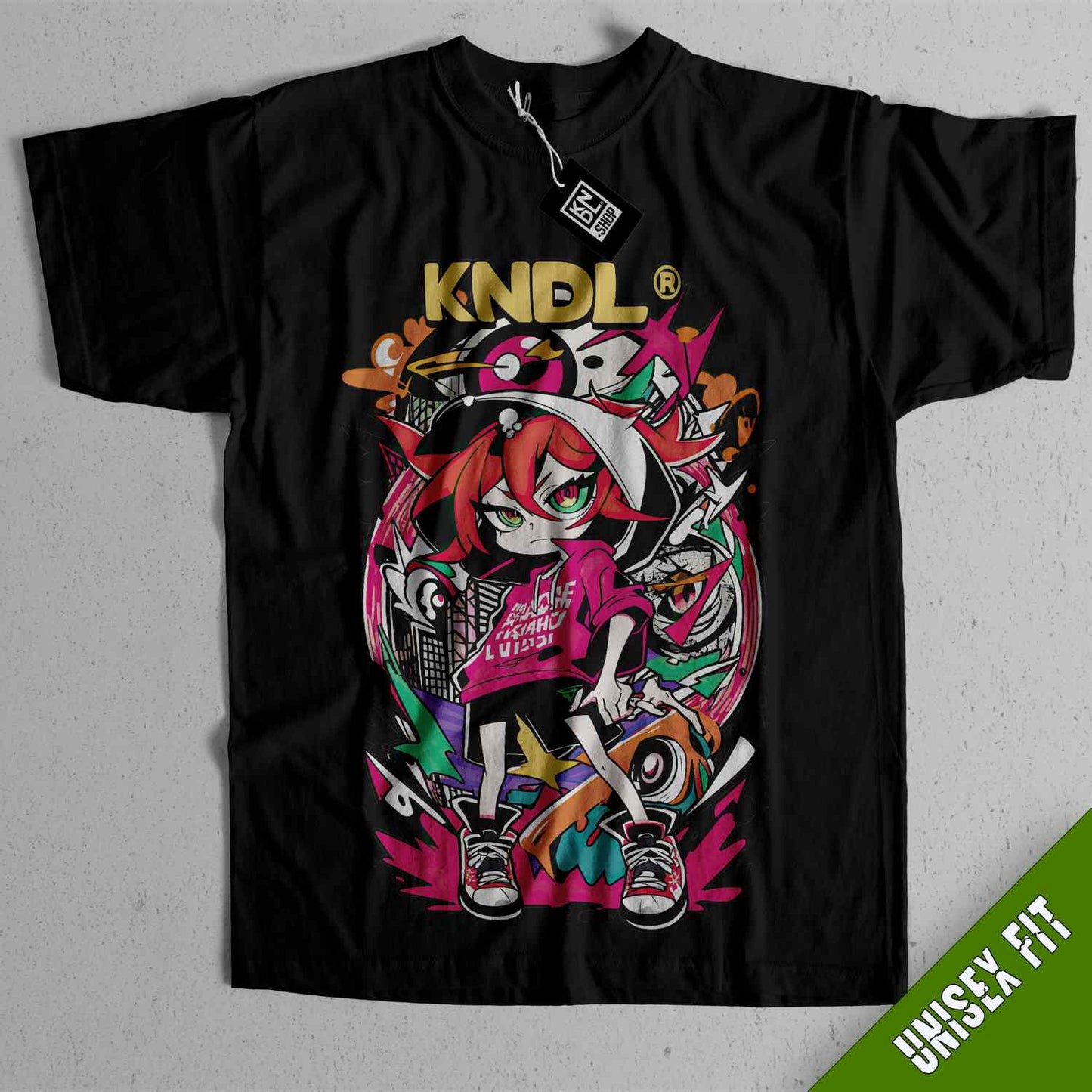 a black t - shirt with a cartoon character on it