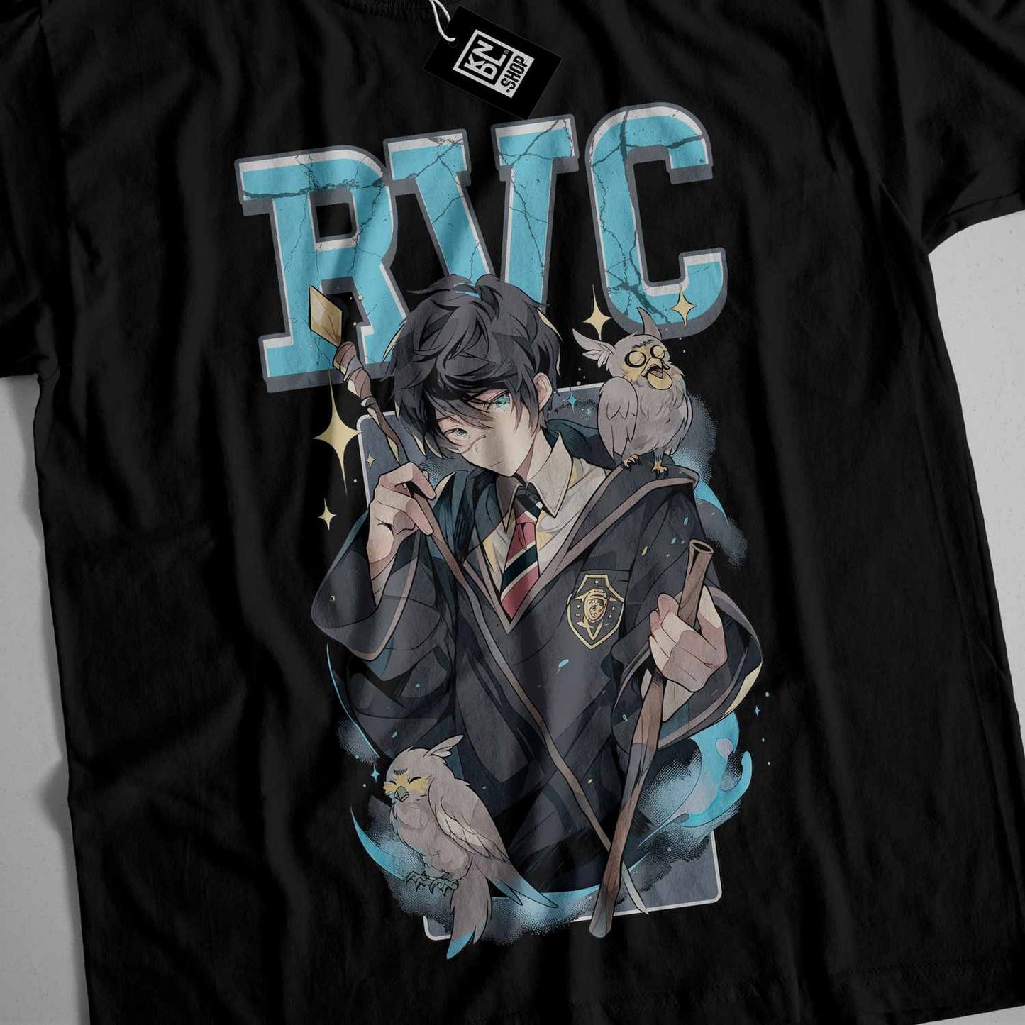 a black tshirt with an image of a man holding a sword