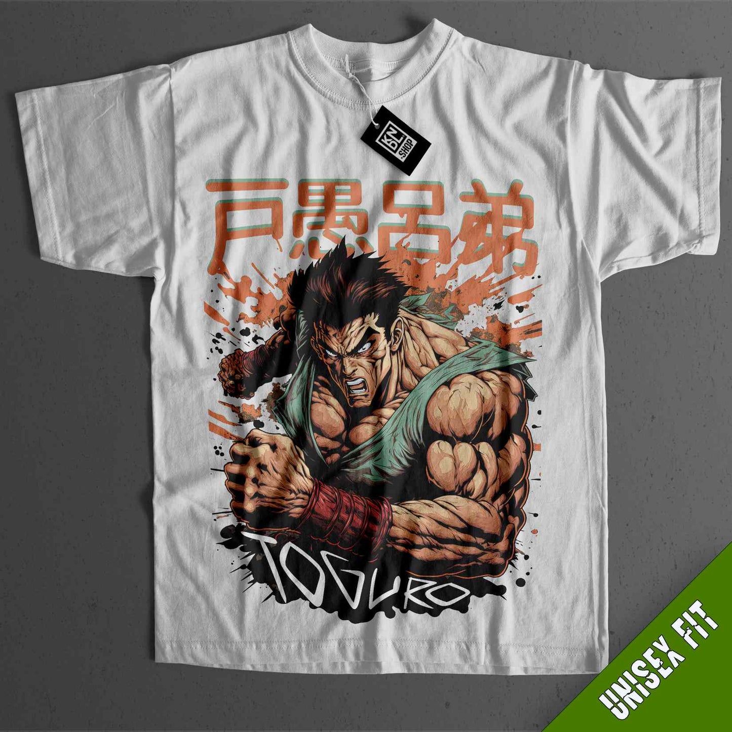 a white shirt with an image of a man holding a fist