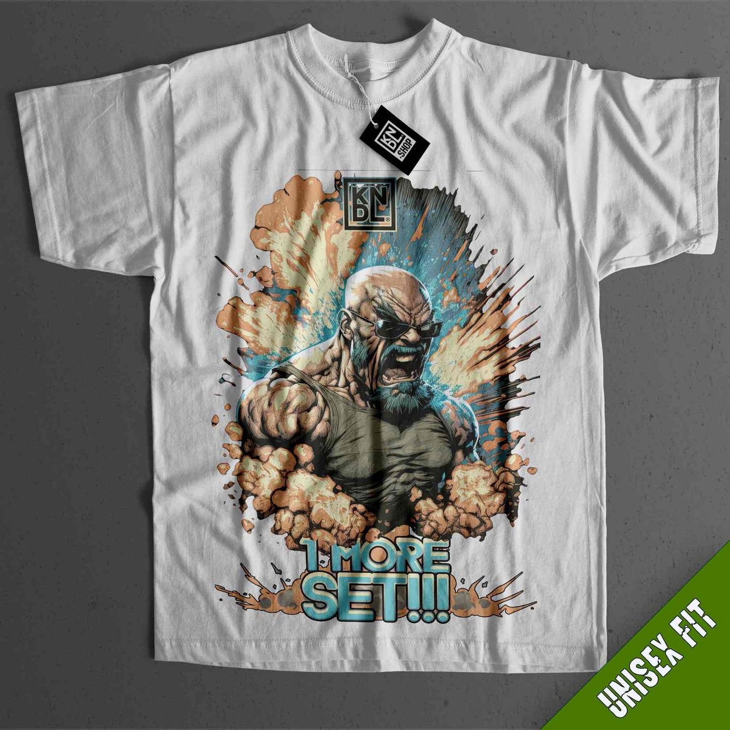 a white t - shirt with a picture of a man holding a gun