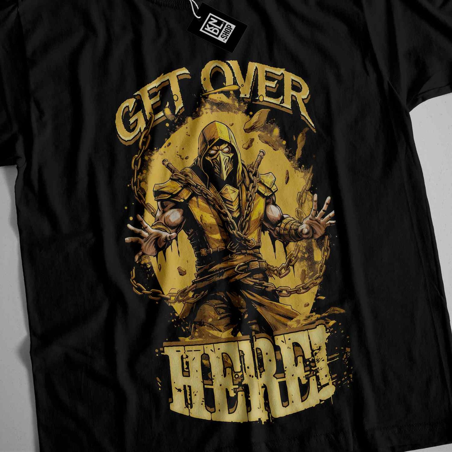 a black t - shirt with a picture of a man in a hoodie