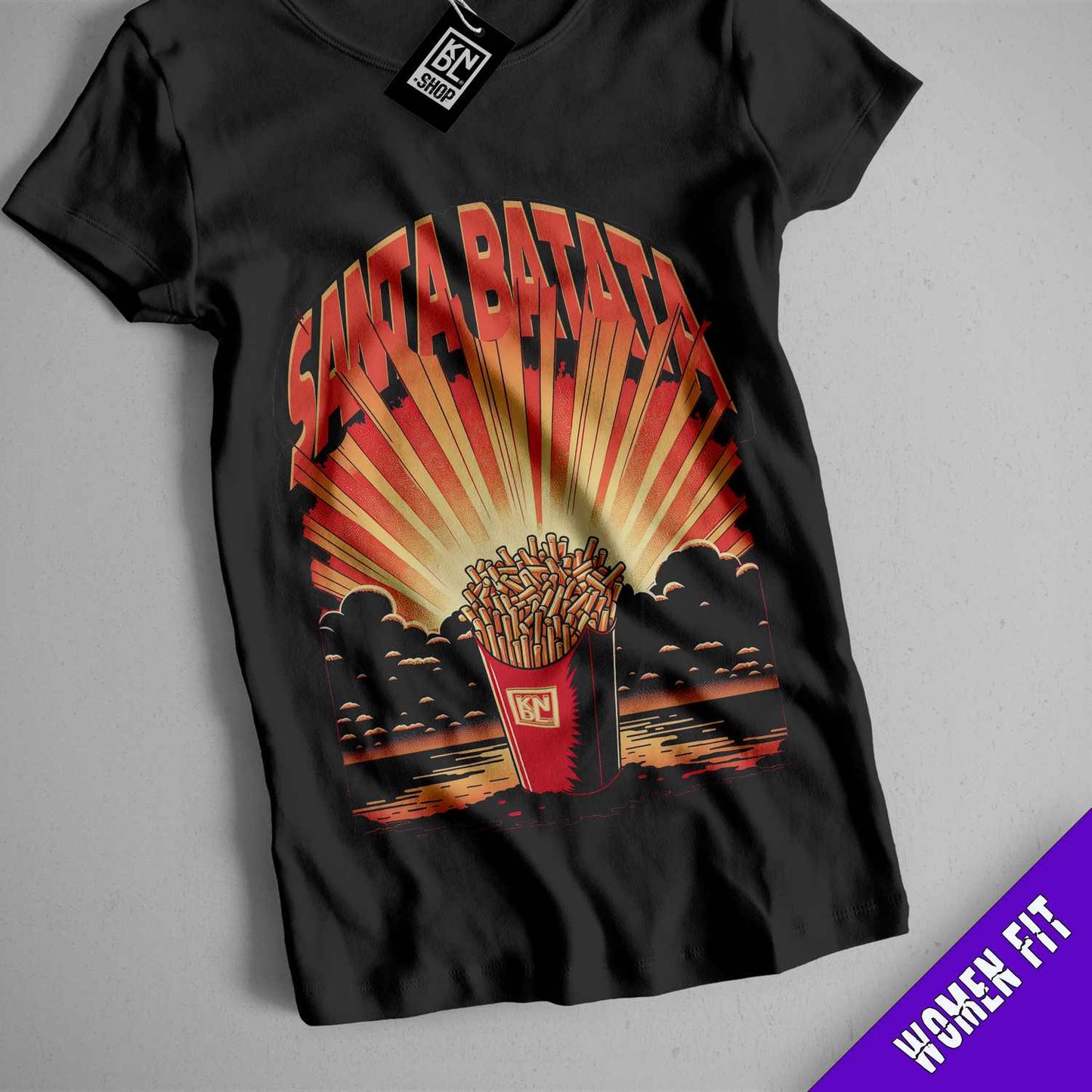 a black shirt with a picture of a bucket of fries