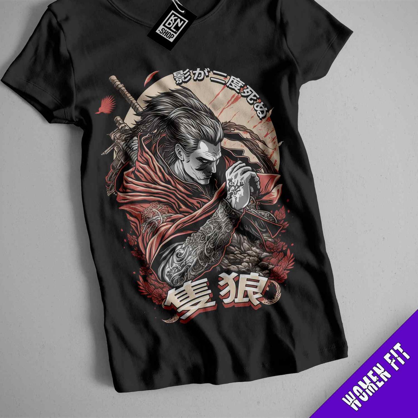 a black t - shirt with a picture of a man holding a sword