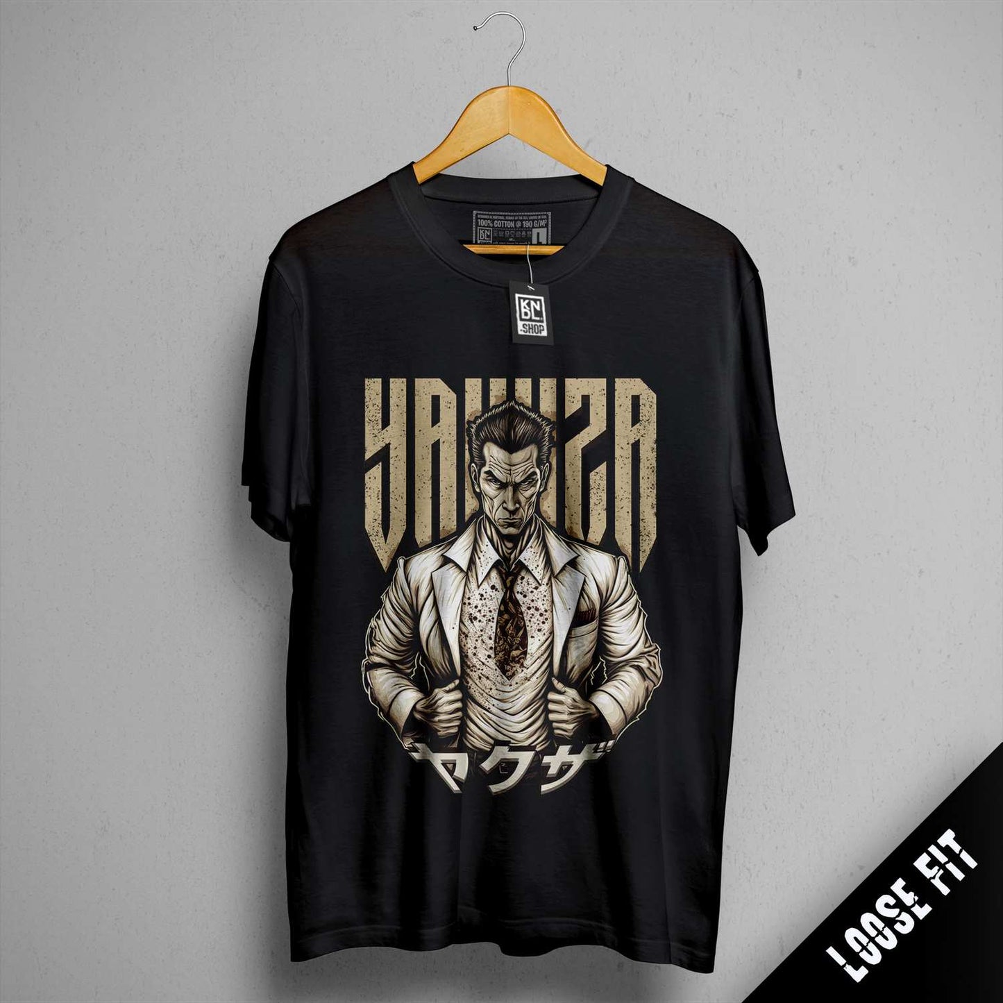 a black shirt with a picture of a man in a suit