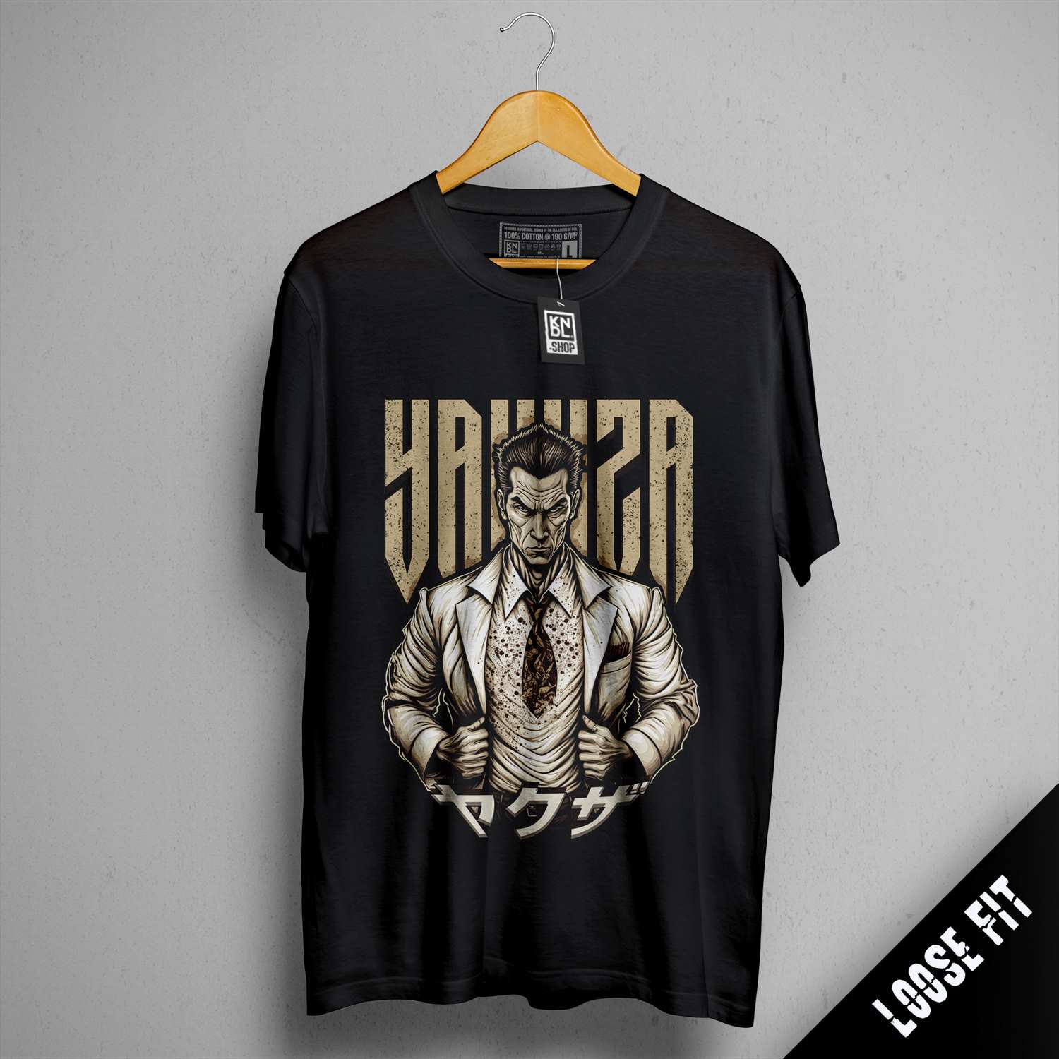 a black shirt with a picture of a man in a suit