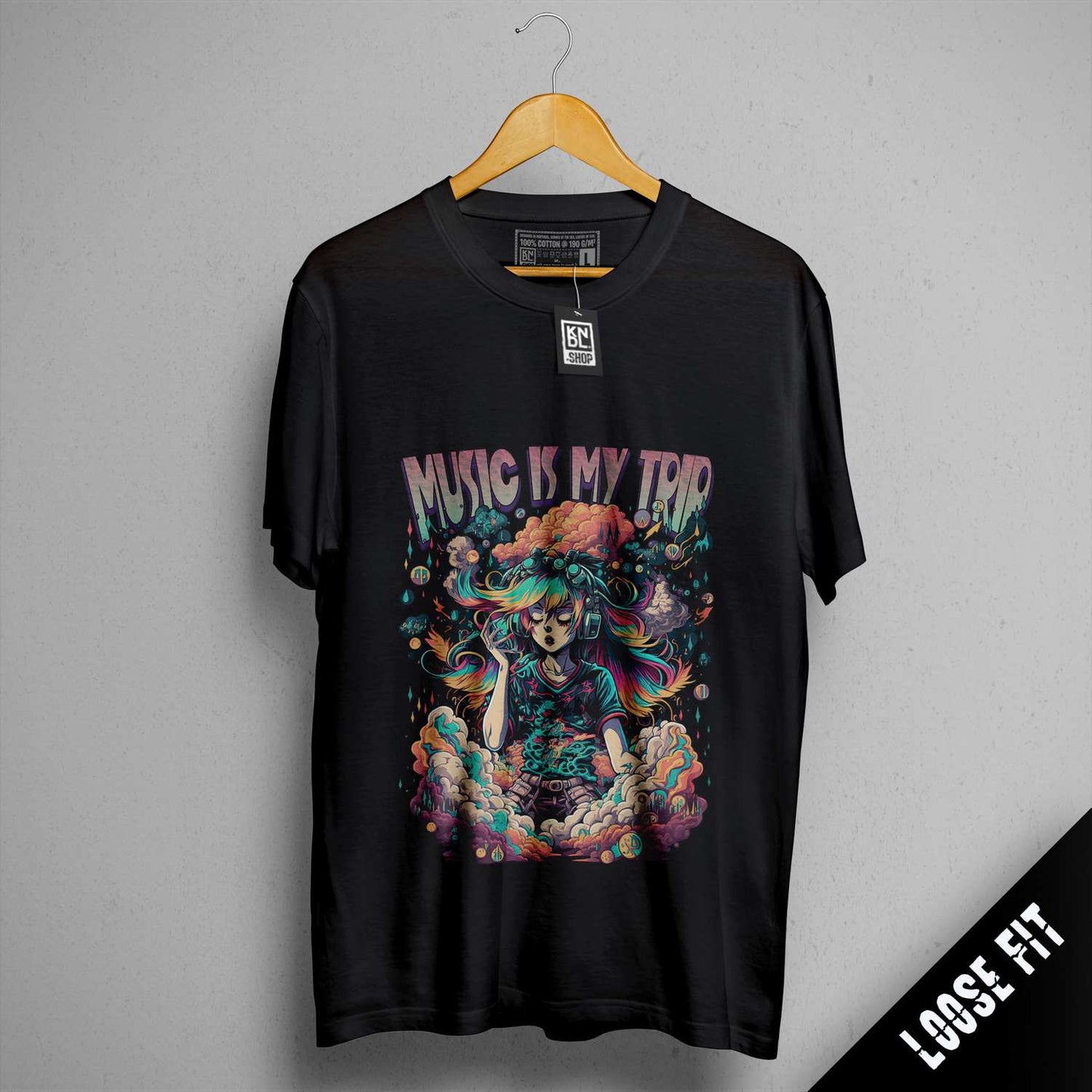 a black t - shirt with the words music is my trip on it