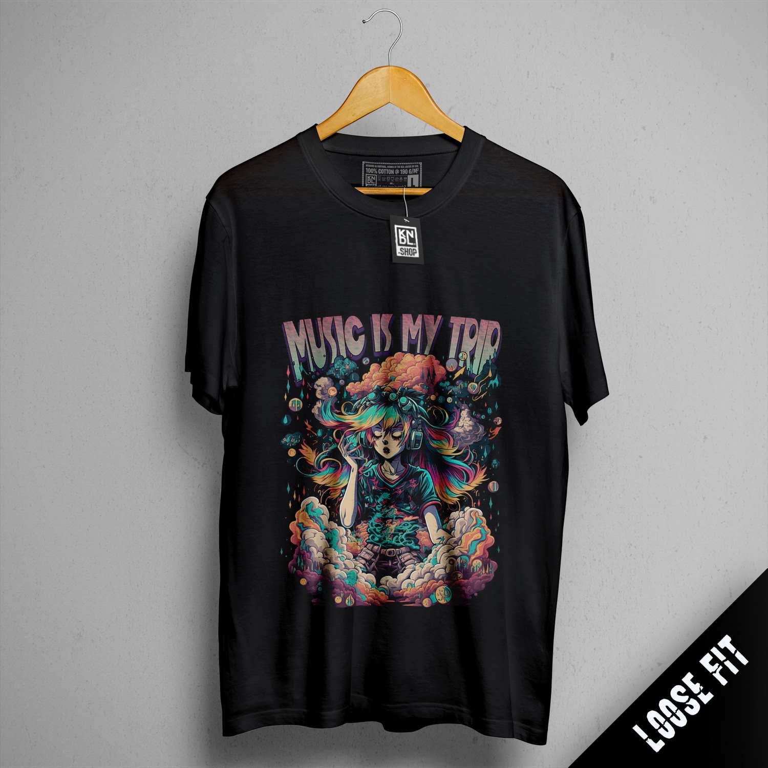 a black t - shirt with the words music is my trip on it
