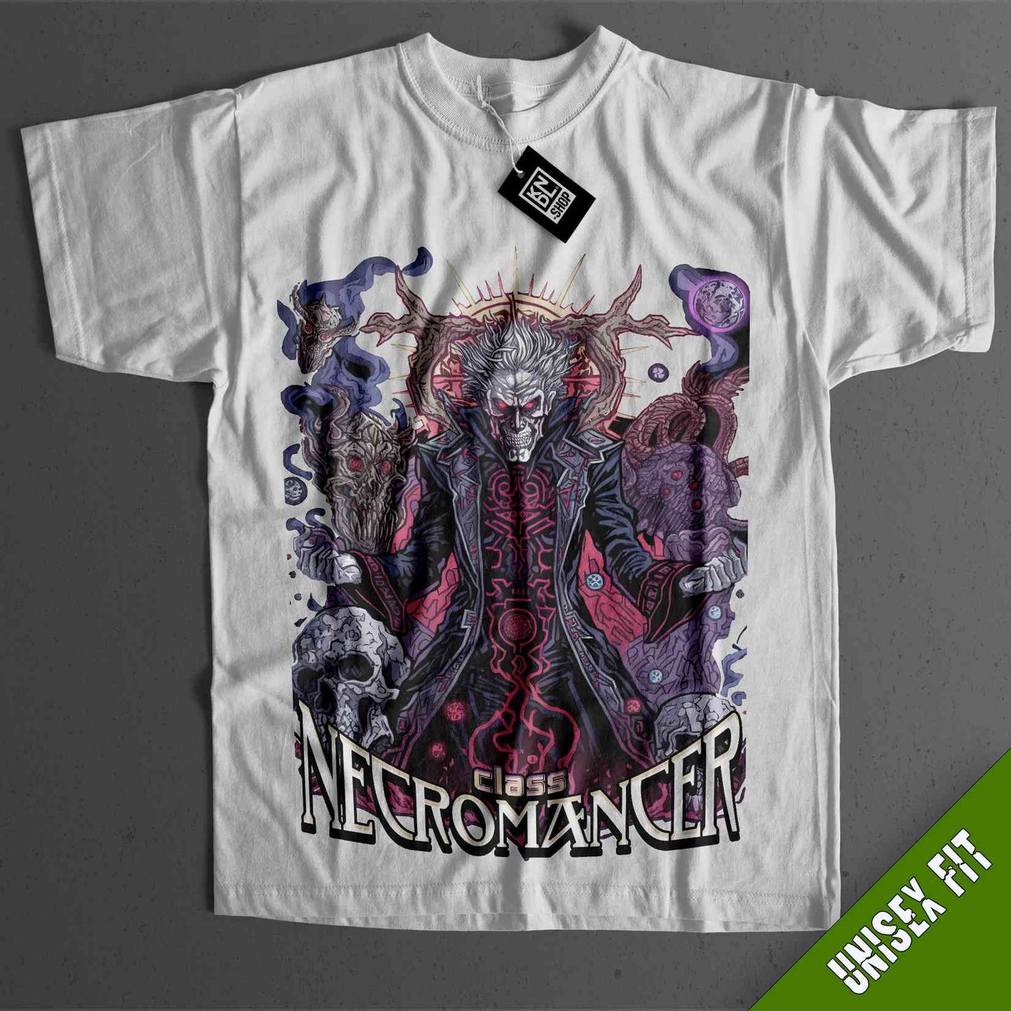 a white t - shirt with an image of a skeleton and a demon on it