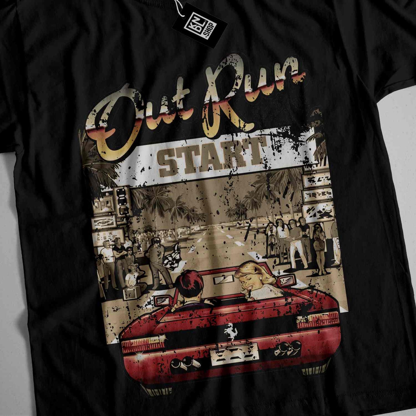 a black shirt with a picture of a red car