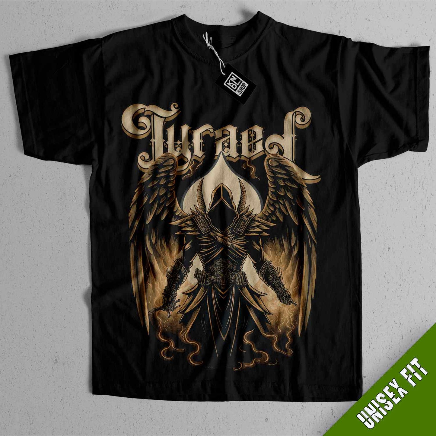 a black t - shirt with an image of an angel on it
