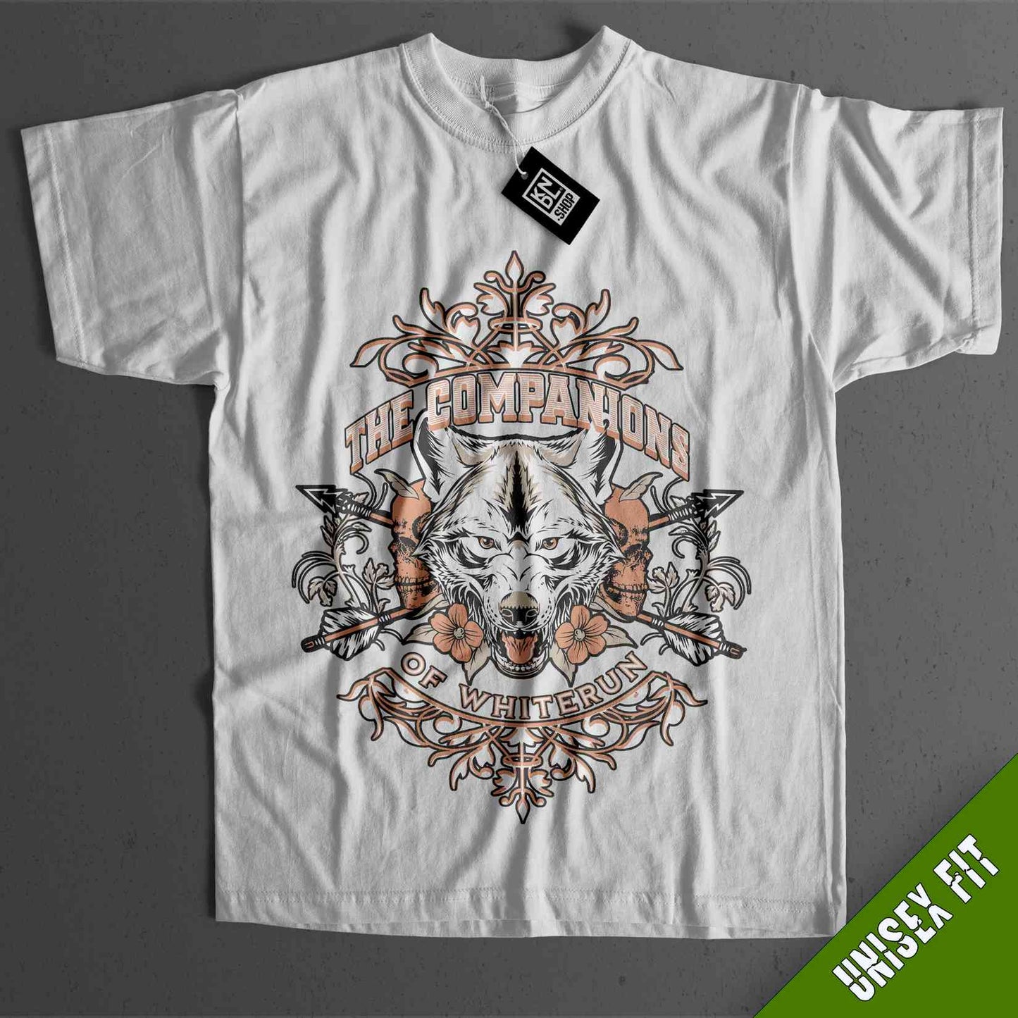 a white t - shirt with an image of a wolf on it
