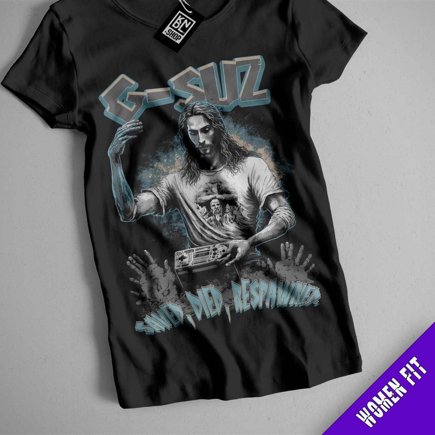 a black t - shirt with a picture of a man holding a gun