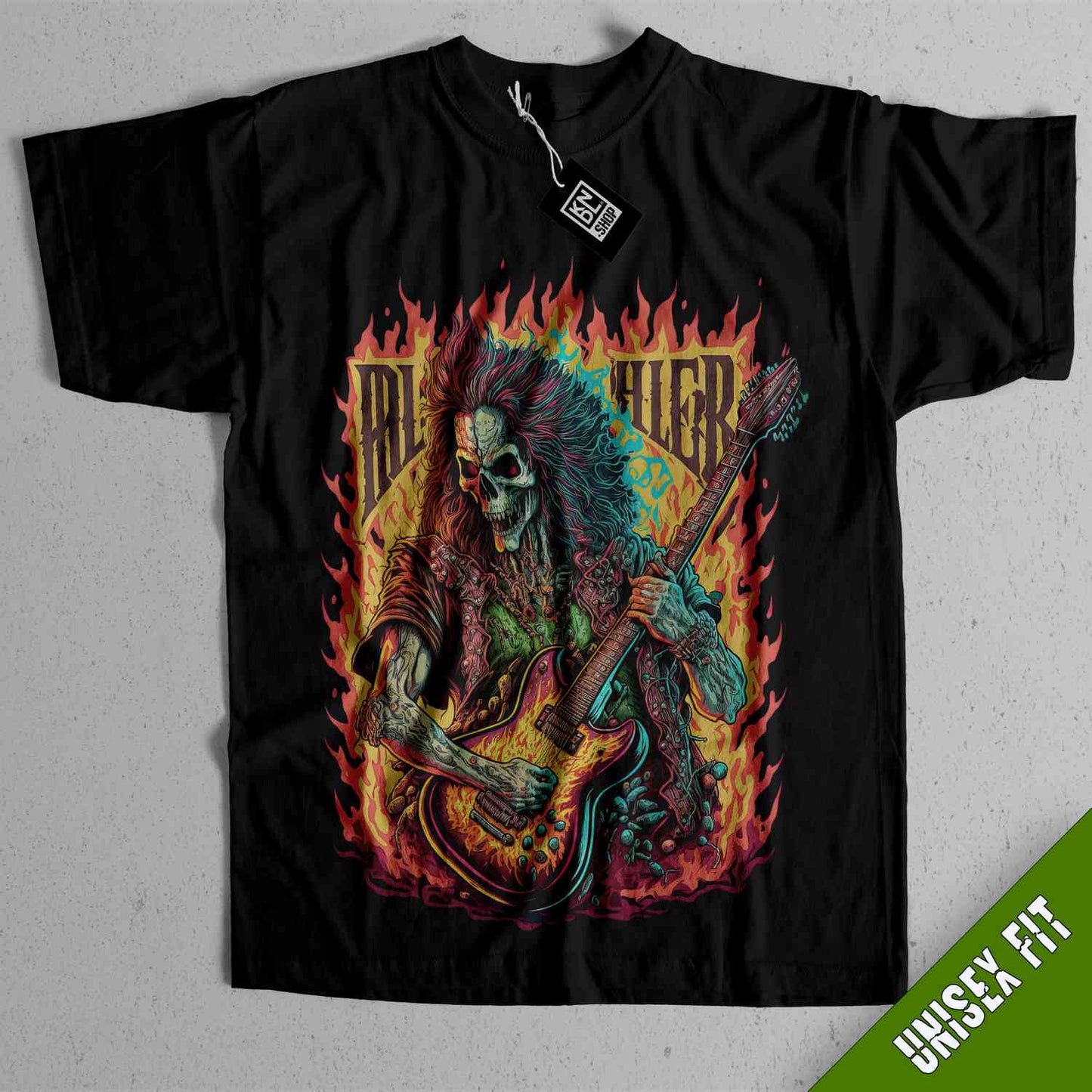 a black shirt with a skeleton playing a guitar