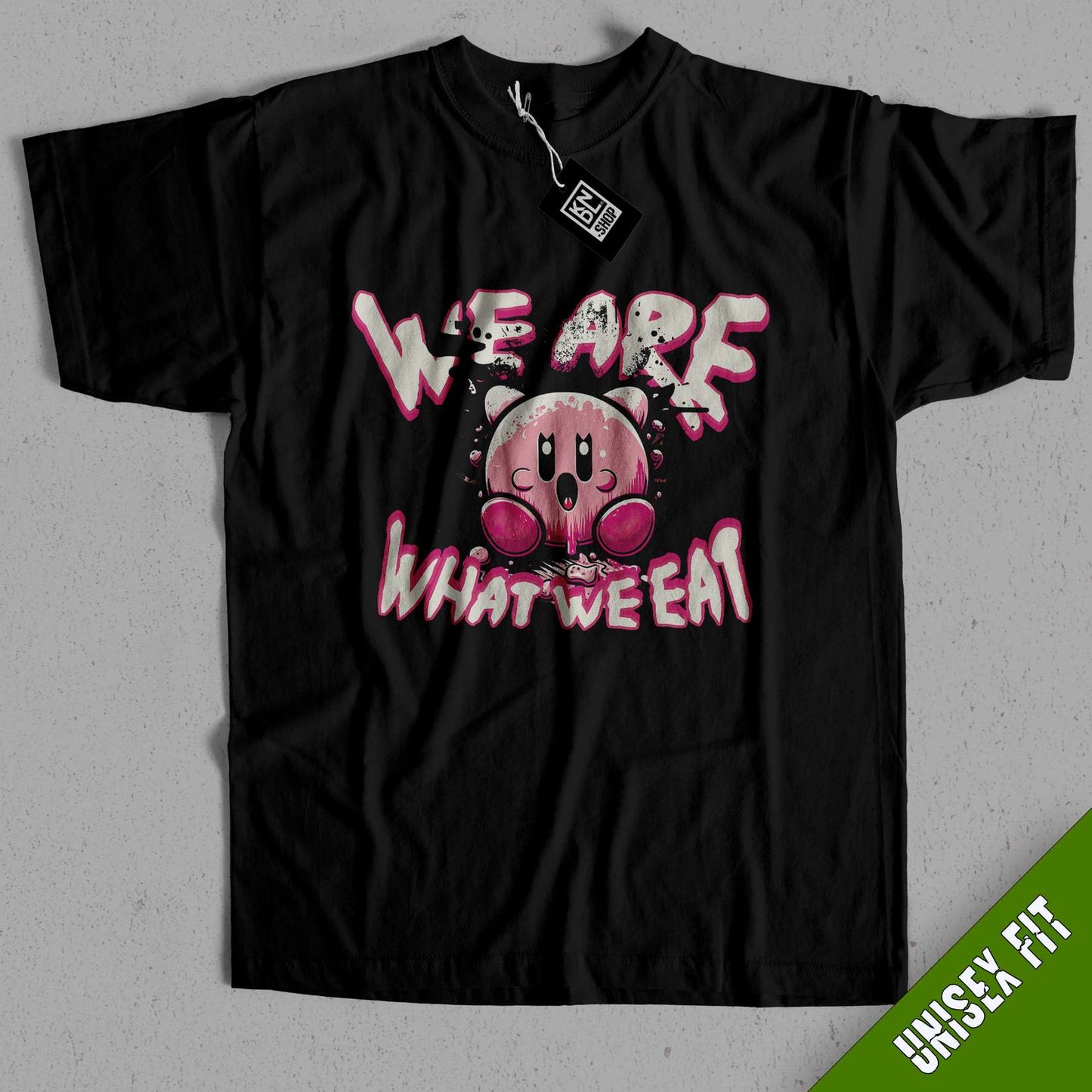 a black t - shirt with the words we are what we eat on it
