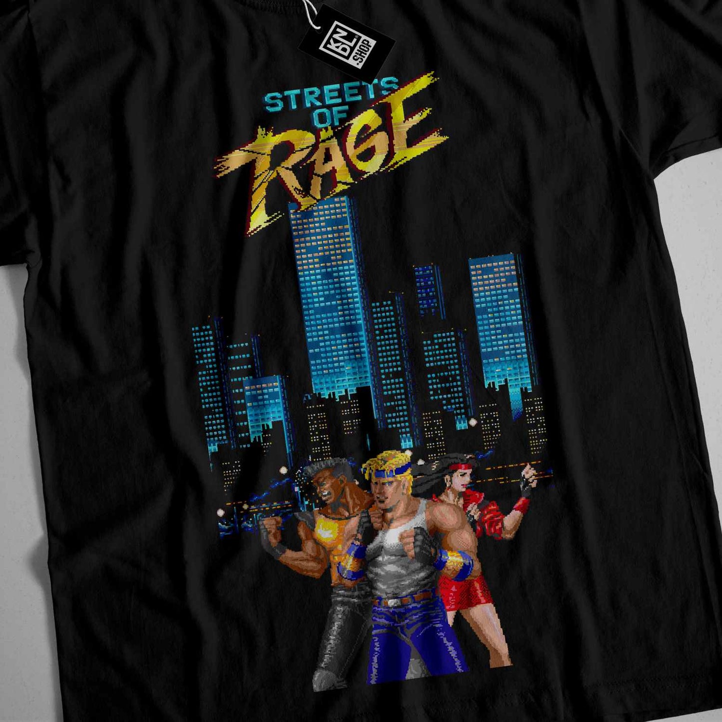 a black t - shirt with a picture of two men in front of a city