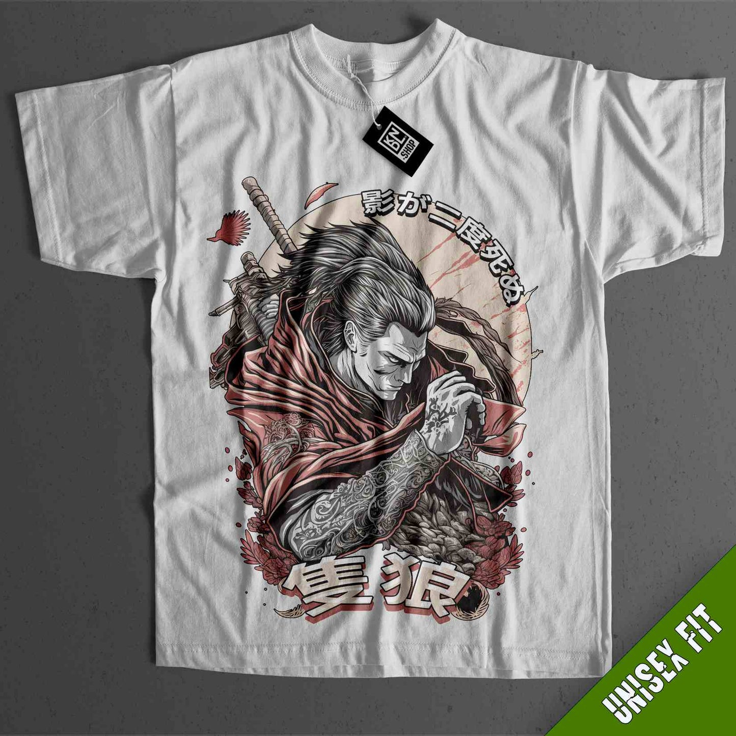 a white t - shirt with an image of a man holding a sword