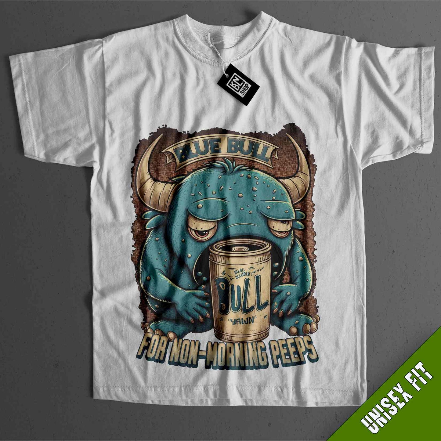 a white t - shirt with an image of a bull drinking beer