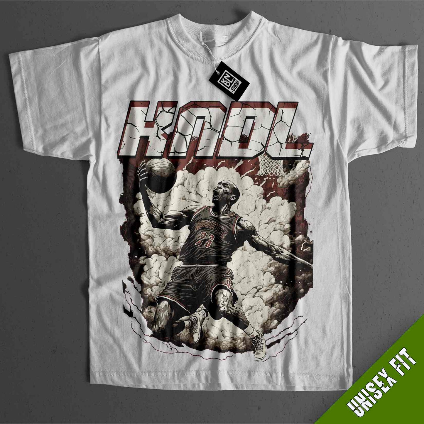 a white t - shirt with a graphic of a basketball player