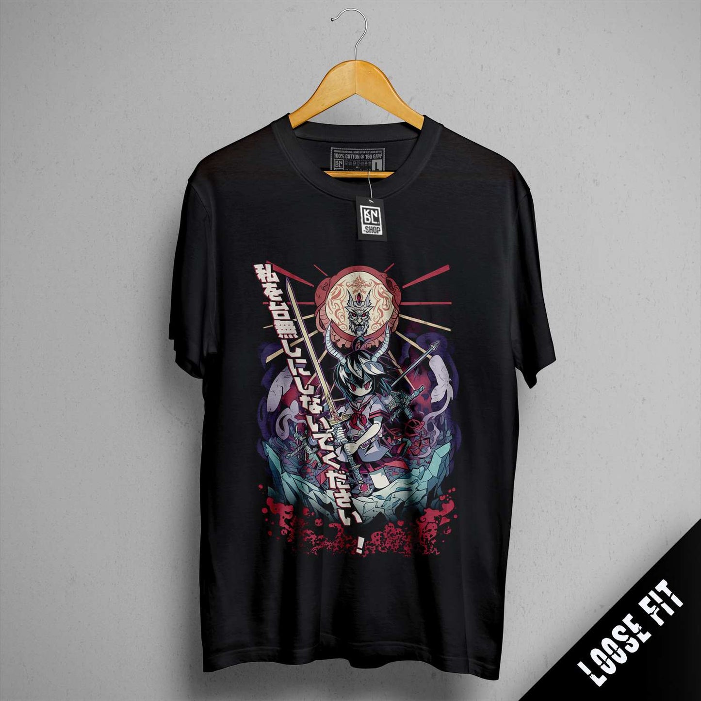 a black t - shirt with a picture of a skeleton holding a sword