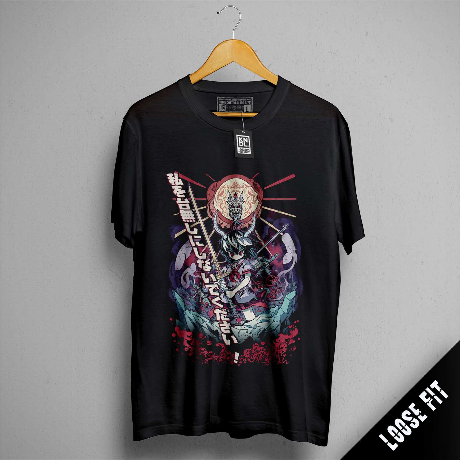 a black t - shirt with a picture of a skeleton holding a sword