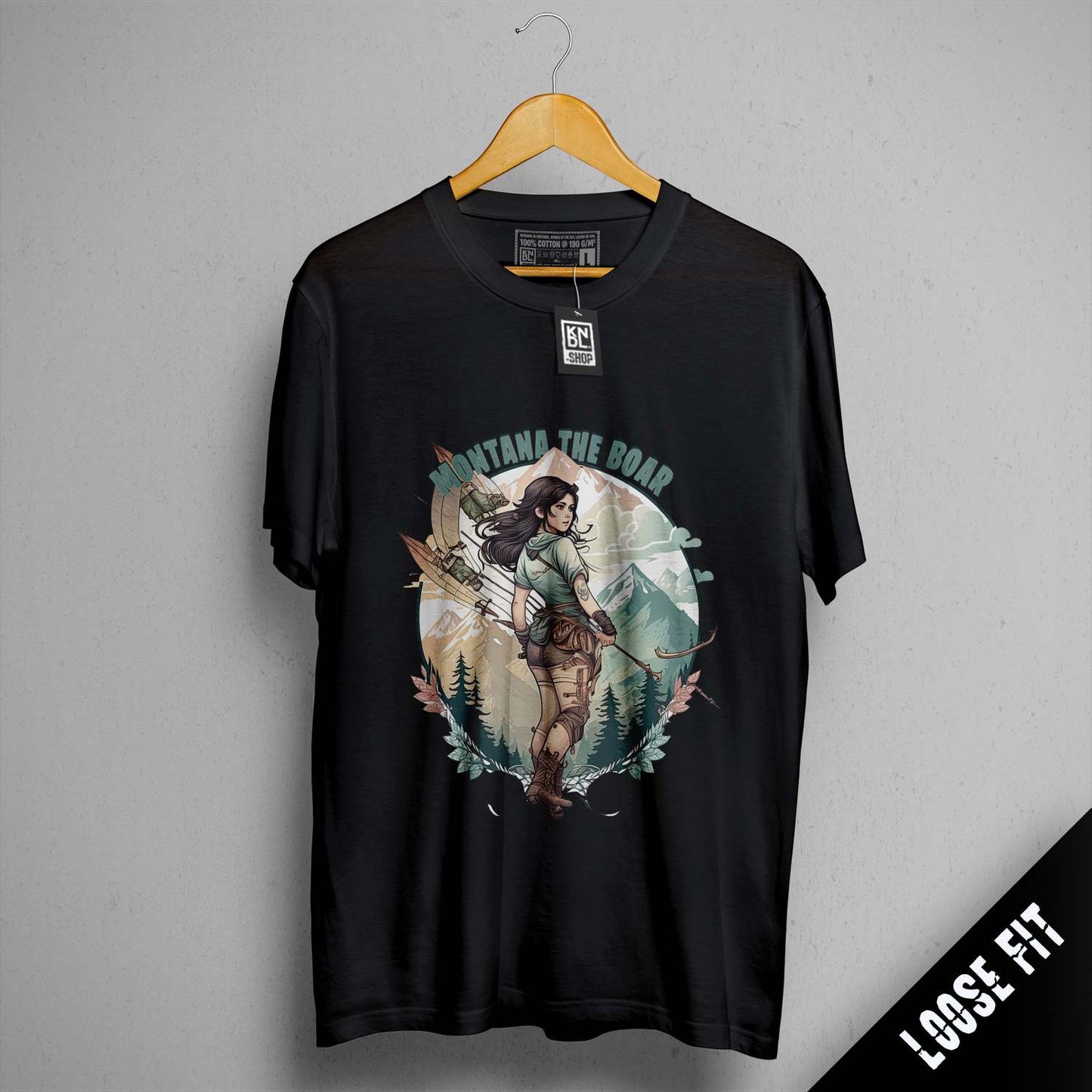 a black t - shirt with an image of a woman holding a bow