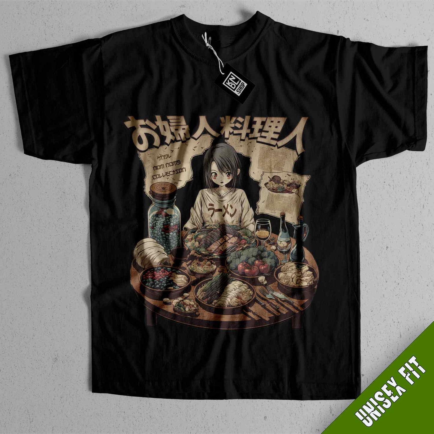 a black tshirt with a picture of a woman eating food