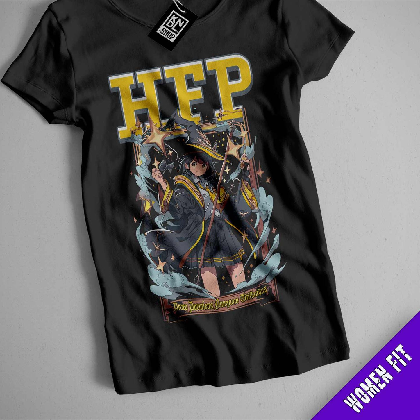 a black t - shirt with a picture of a woman holding a sword
