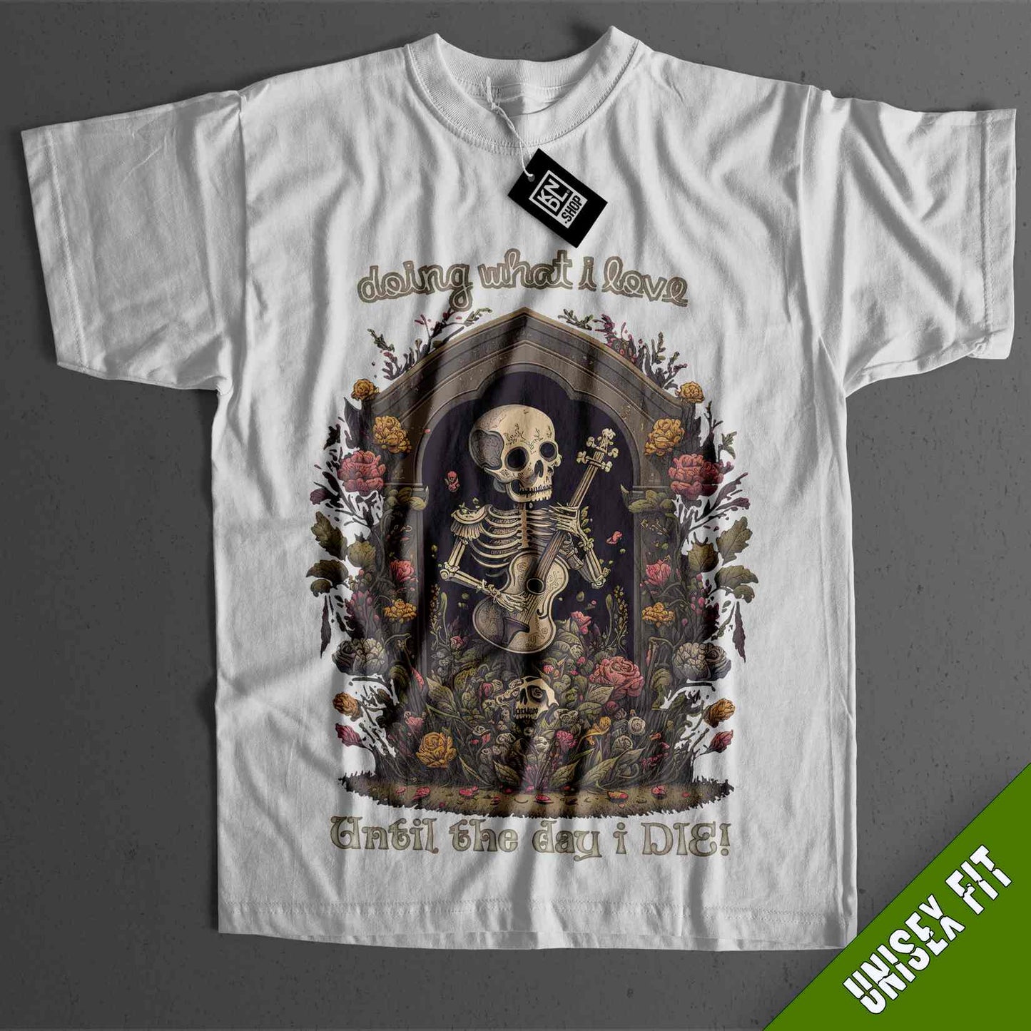 a white t - shirt with a skeleton on it