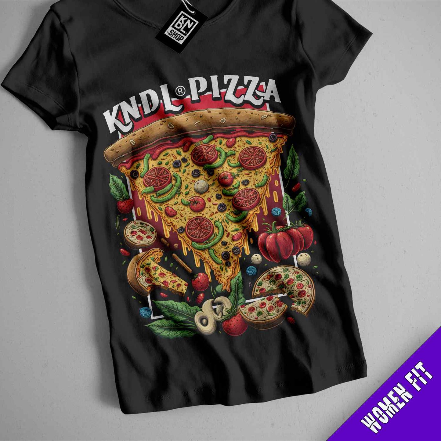 a t - shirt with a picture of a pizza on it