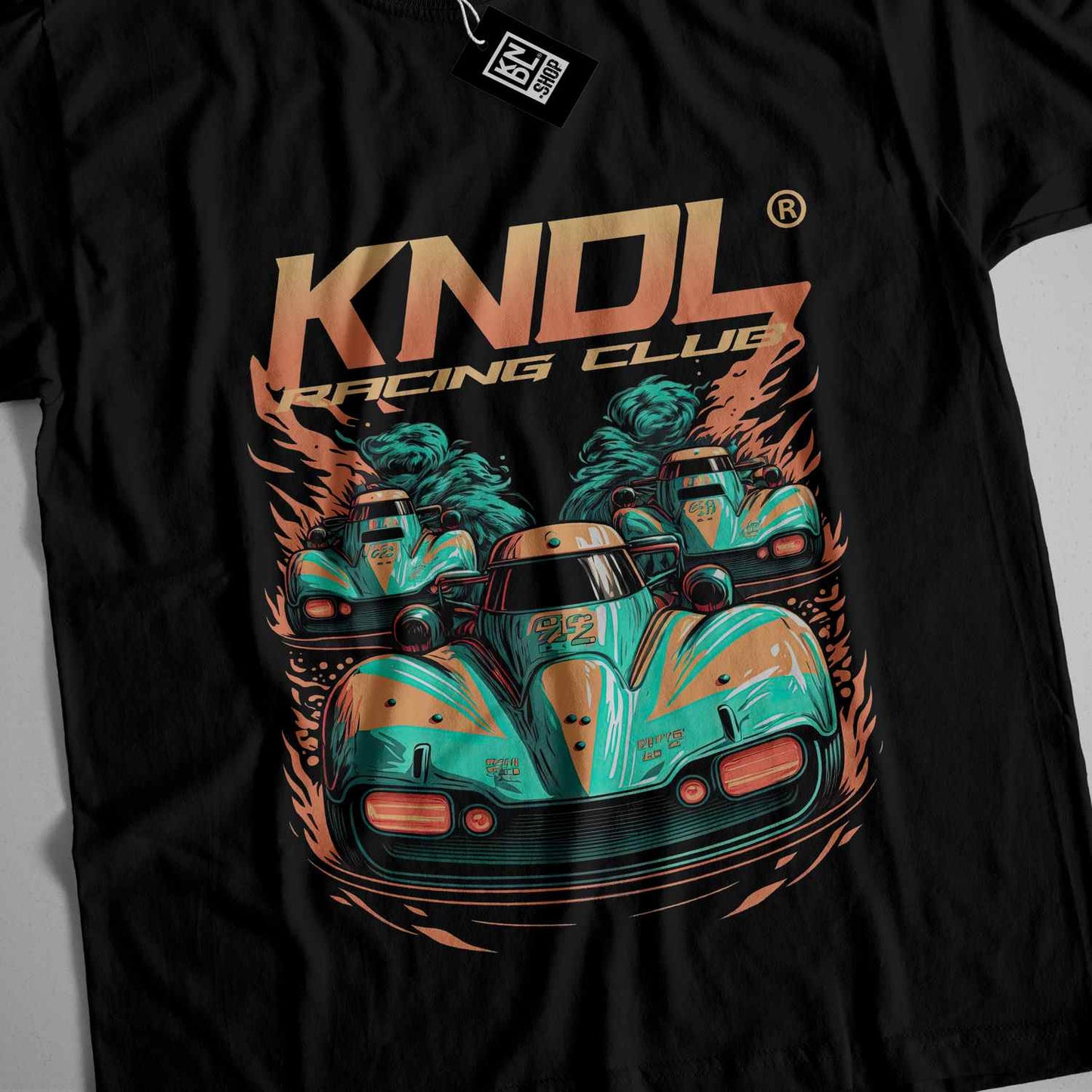 a black t - shirt with an image of a car on it