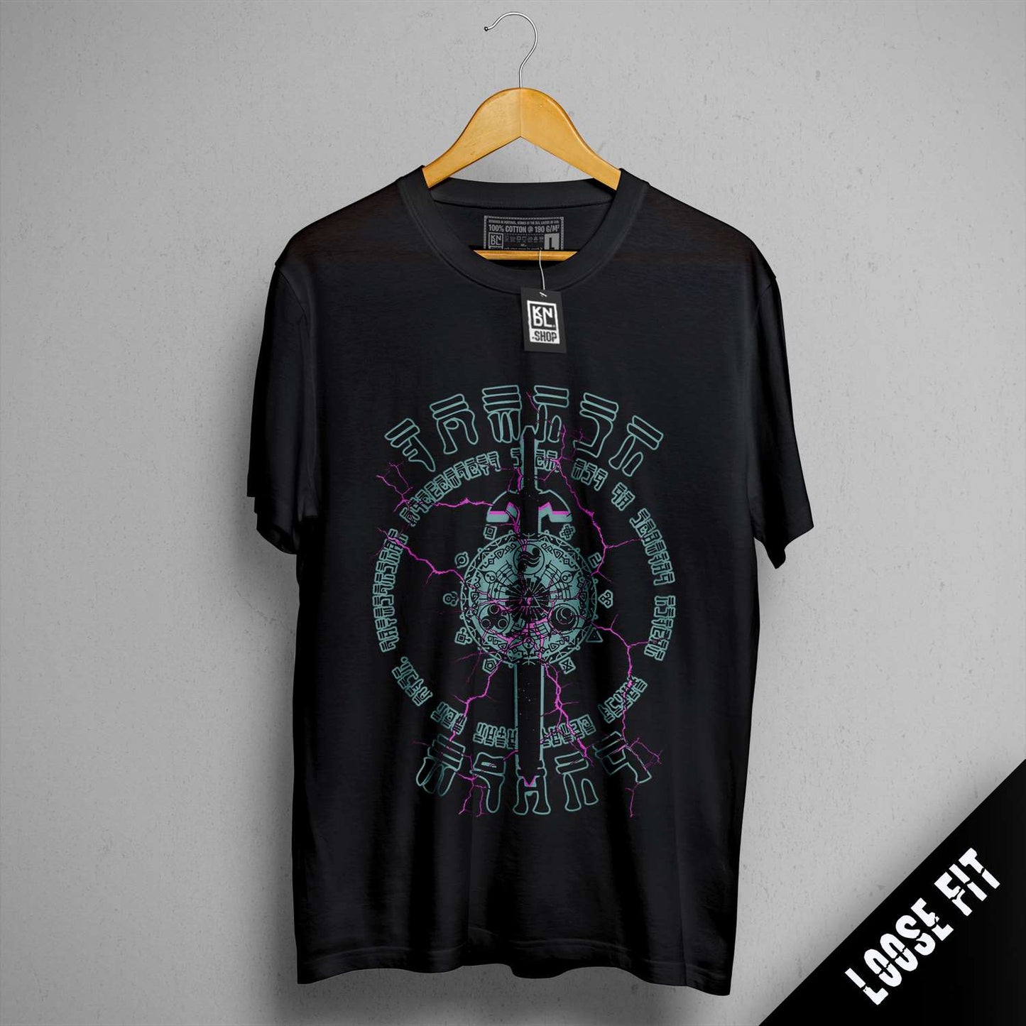 a black t - shirt with a design on it