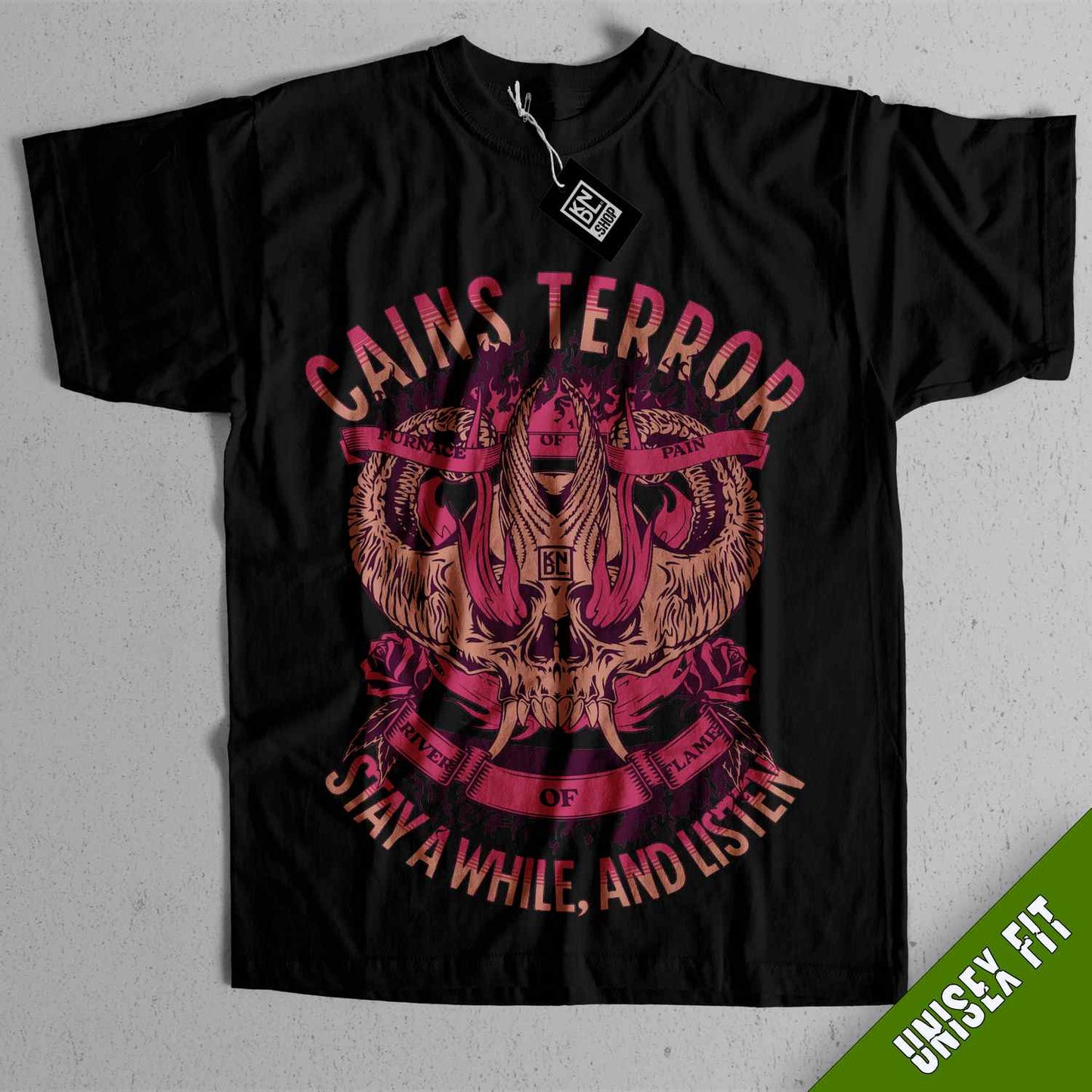 a black t - shirt with a pink design on it