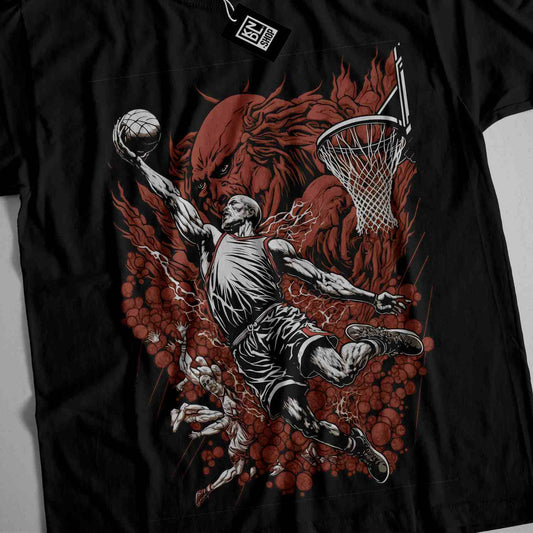 a t - shirt with a drawing of a man dunking a basketball