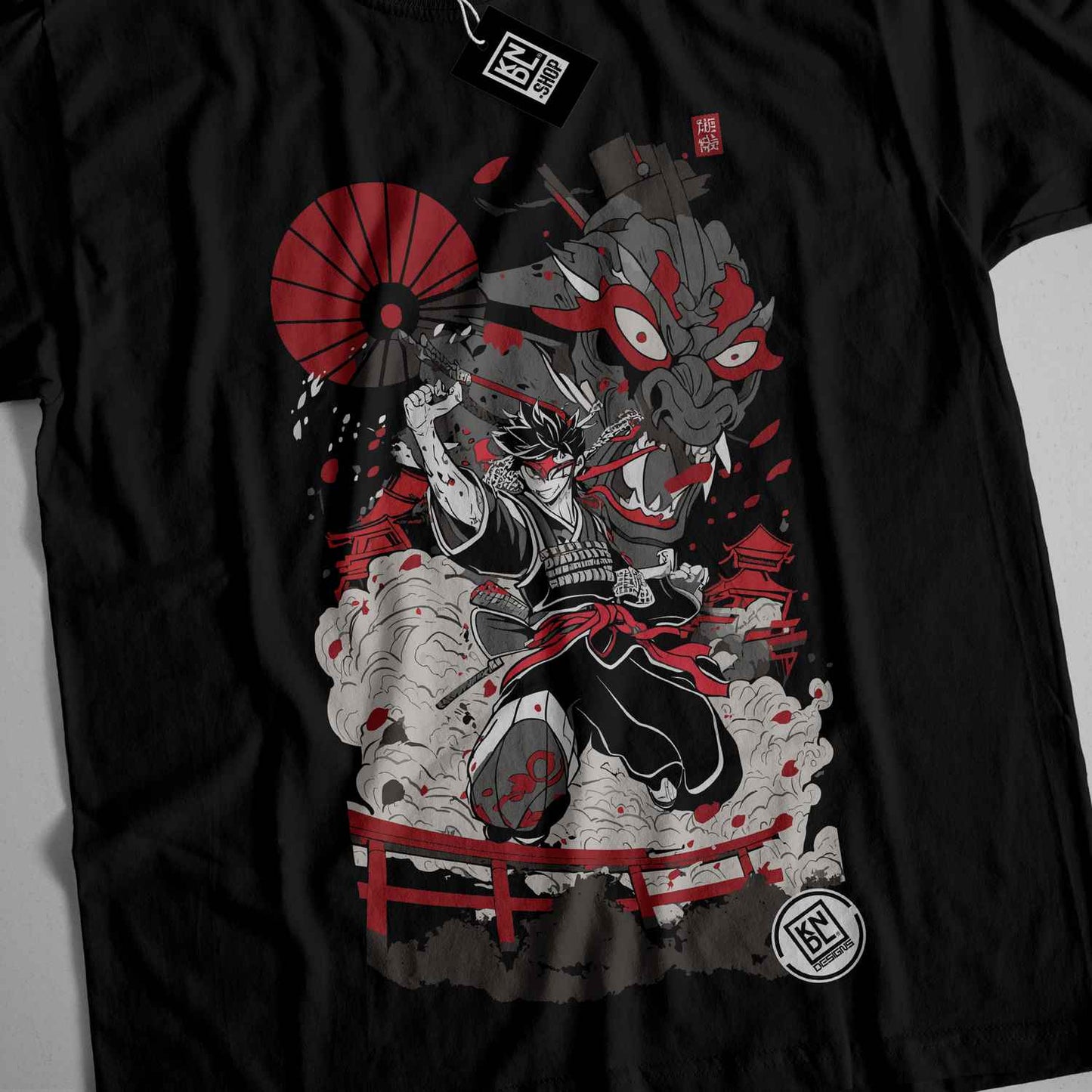 a black t - shirt with a picture of a demon on it