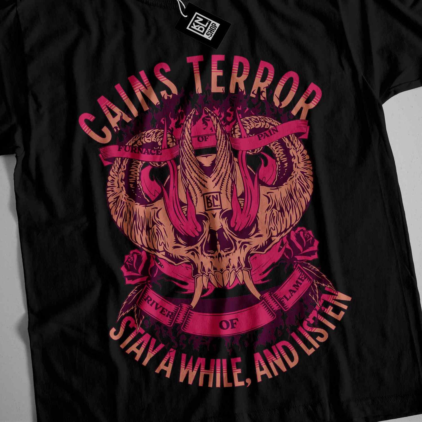 a black t - shirt with a pink design on it