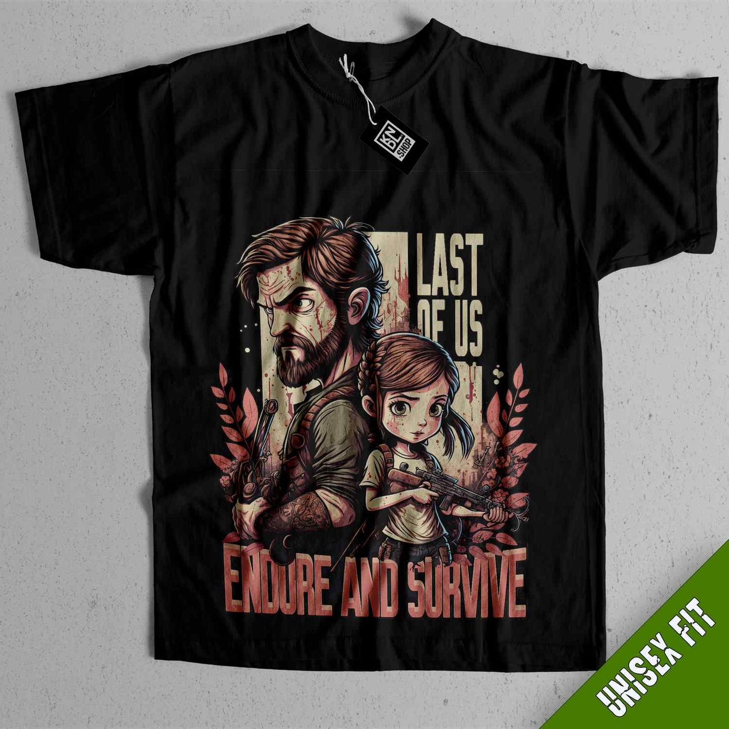 a black shirt with a picture of a man and a woman holding guns