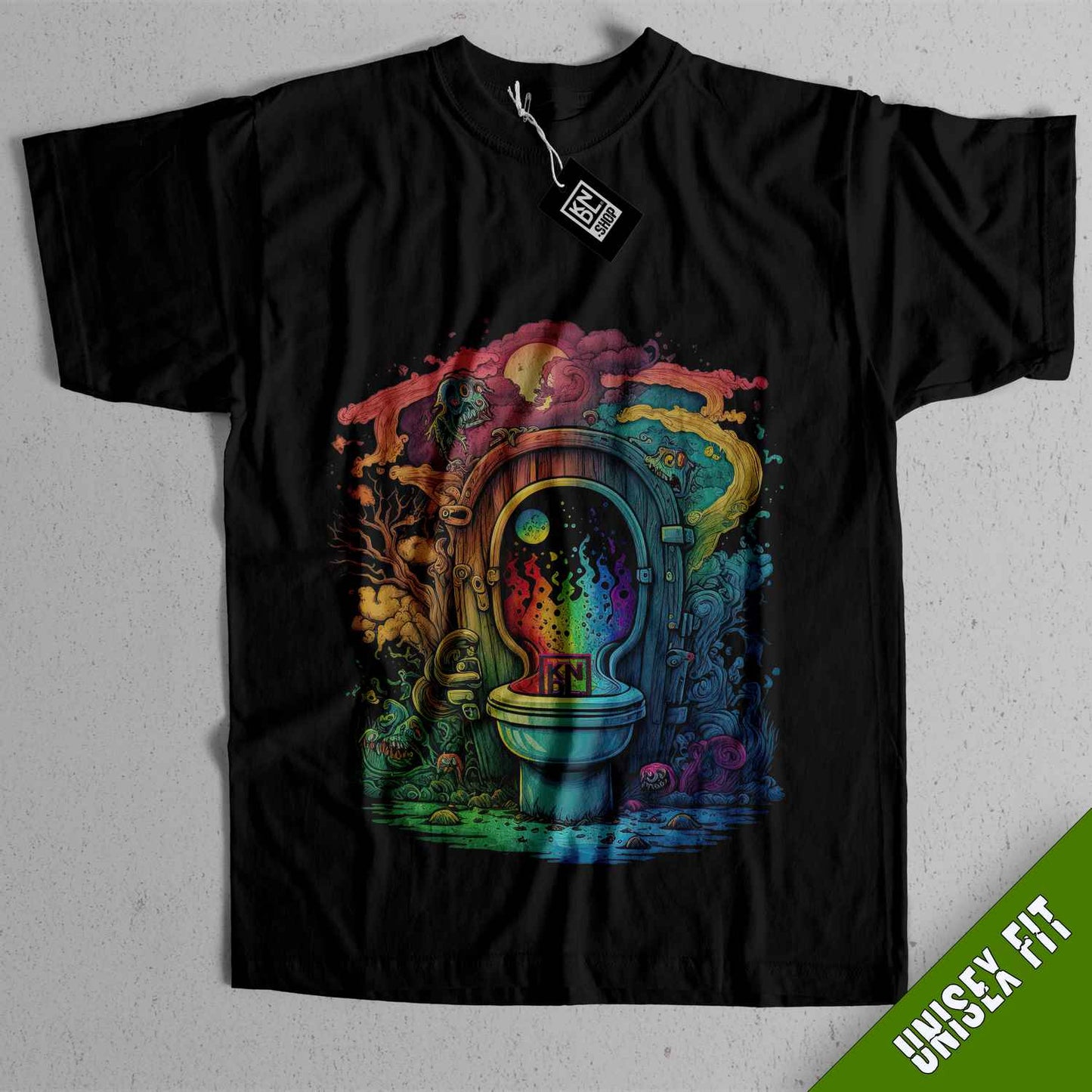 a black t - shirt with an image of a toilet