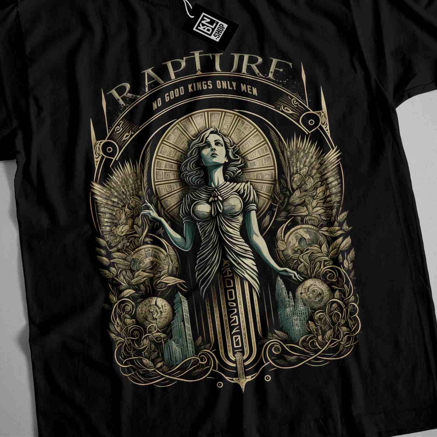 a t - shirt with an image of a woman holding a sword