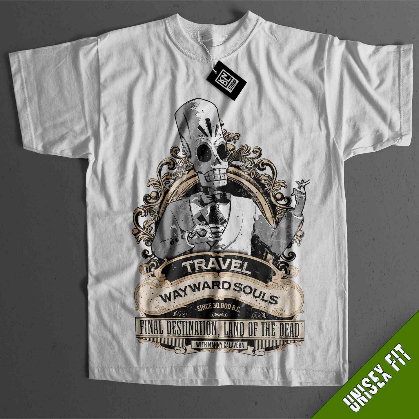 a white t - shirt with a skull on it